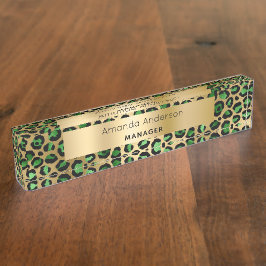 Placa De Nombre Patrón de leopardo de oro verde esmeralda