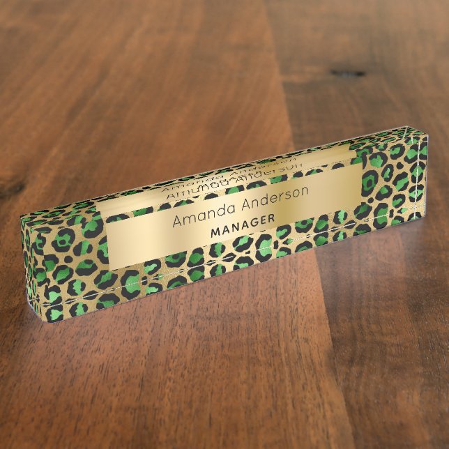 Placa De Nombre Patrón de leopardo de oro verde esmeralda (Lateral)