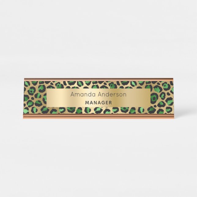 Placa De Nombre Patrón de leopardo de oro verde esmeralda (Anverso)