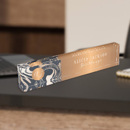 Placa De Nombre Patrón de mármol moderno oro negro monogramado