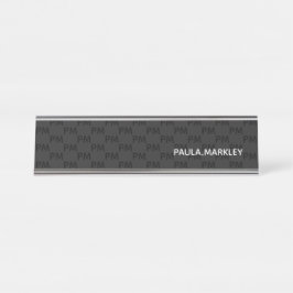 Placa De Nombre Patrón de monograma moderno gris negro simple