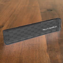 Placa De Nombre Patrón de monograma moderno gris negro simple