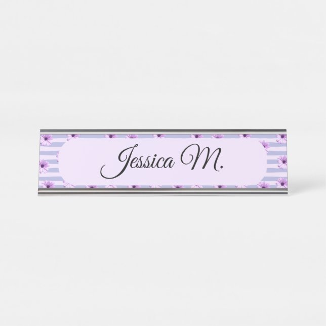 Placa De Nombre Patrón de rayas pastel con daisies (Anverso)