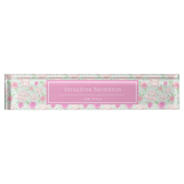 Placa De Nombre Patrón de tazas de té ventilado Shabby Personaliza (Anverso)