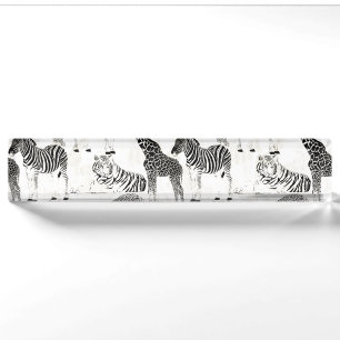 Placa De Nombre Patrón elegante de animales de la jungla blanca y