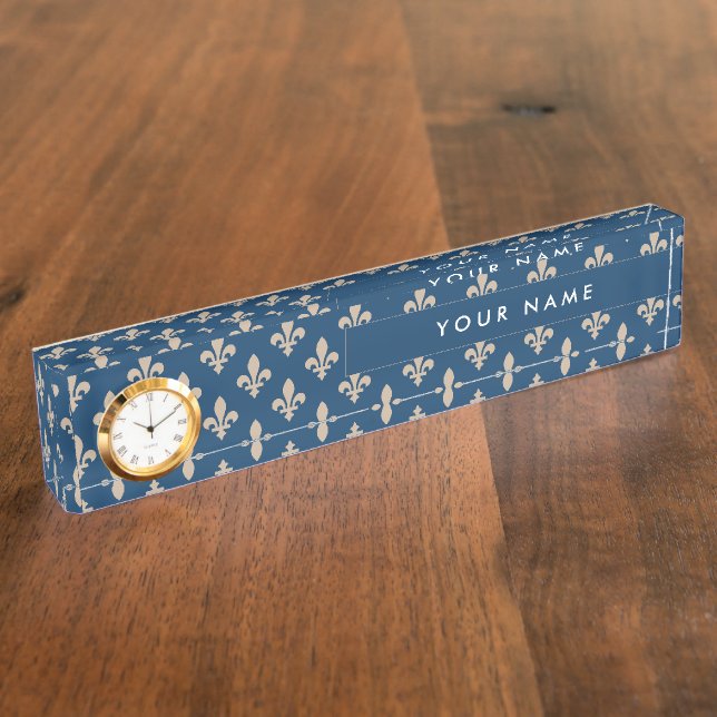 Placa De Nombre Patrón Fleur de Lis, francés, real, crema, azul (Lateral)