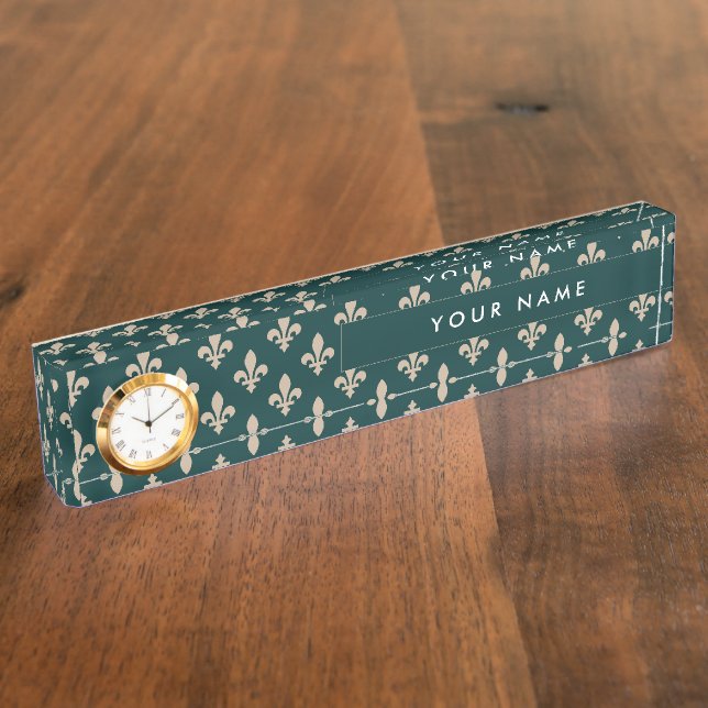 Placa De Nombre Patrón Fleur de Lis, francés, real, crema, verde (Lateral)