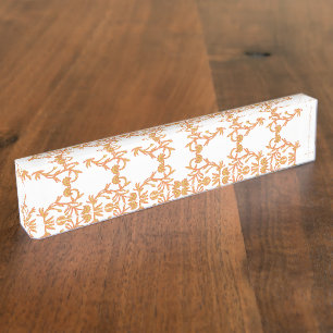 Placa De Nombre Patrón floral simétrico con motivos naranjas
