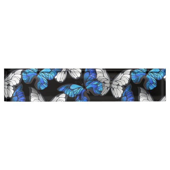 Placa De Nombre Patrón oscuro sin costuras con mariposas azules Mo (Anverso)