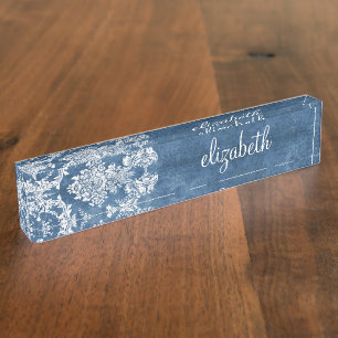 Placa De Nombre Patrón y nombre de damasco de color azul de zafir