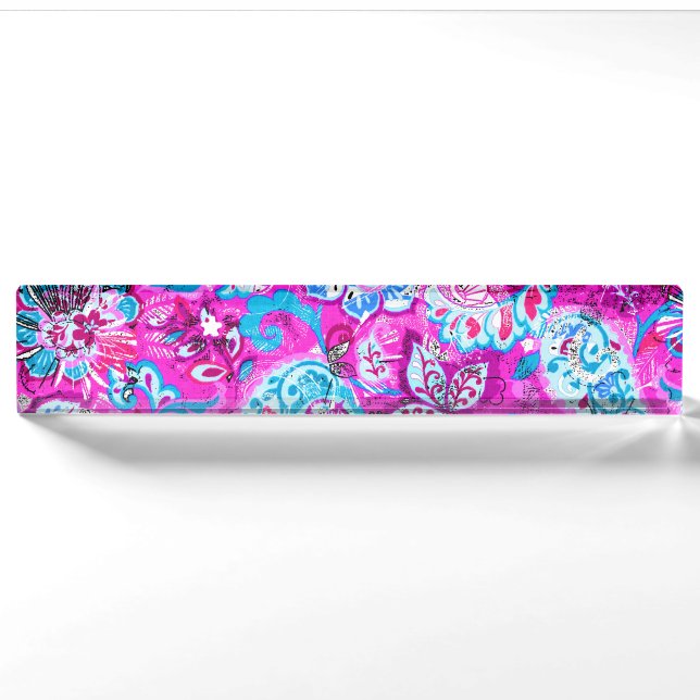 Placa De Nombre Patrones de flores rosadas azules lindas (Anverso)