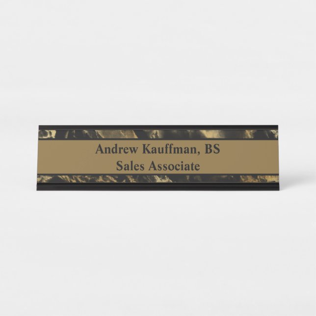 Placa De Nombre Personalice Black Brown Gold Marble Moderne Trendy (Anverso)