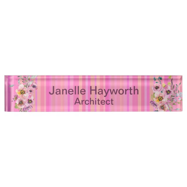 Placa De Nombre Personalizable floral rosa y morado (Anverso)