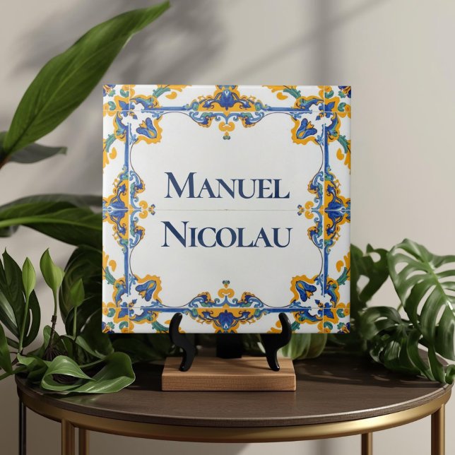Placa de nombre personalizada colorida Azulejo (Azulejo Mediterranean Blue & White Custom House Name Or Family Name Plaque Sign Square Ceramic Tile)