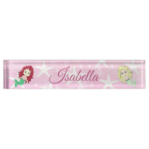 Placa de nombre personalizada de sirena rosa y est