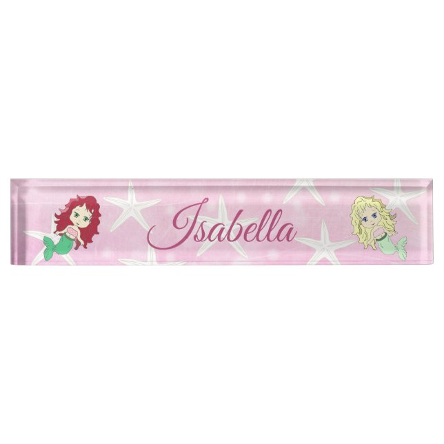 Placa de nombre personalizada de sirena rosa y est (Anverso)