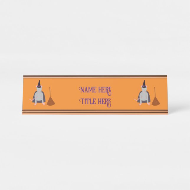 Placa De Nombre Personalizado de Halloween Witch Rat and Broom (Anverso)