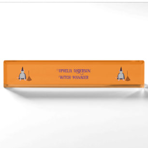 Placa De Nombre Personalizado de Halloween Witch Rat and Broom