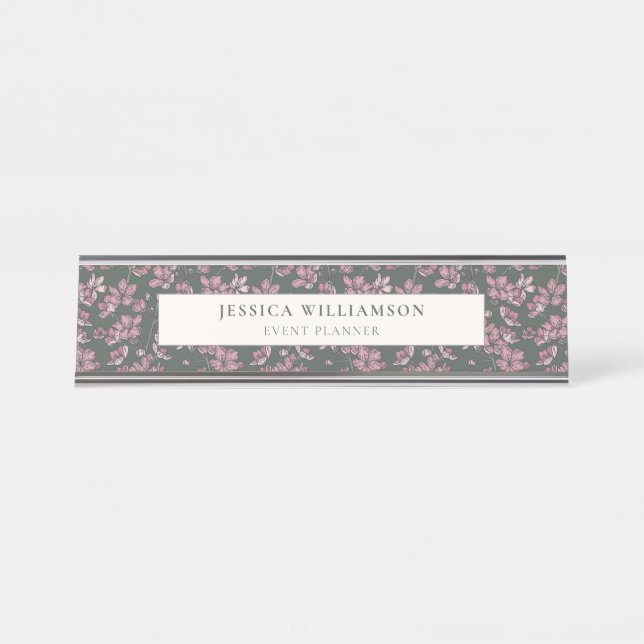 Placa De Nombre Personalizado floral rosado nostálgico Escritorio  (Anverso)
