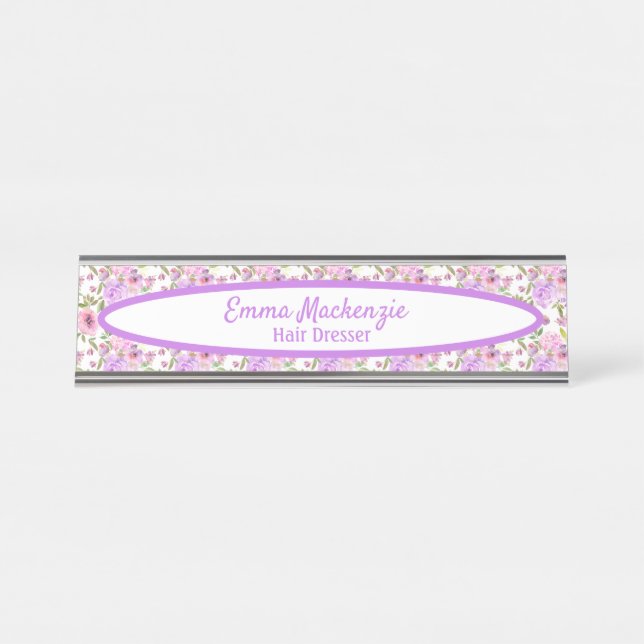 Placa De Nombre Personalizado Floral Station Purple Flowers Desk R (Anverso)