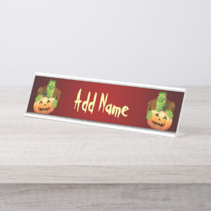 Placa De Nombre Personalizado Frankenstein con Calabaza