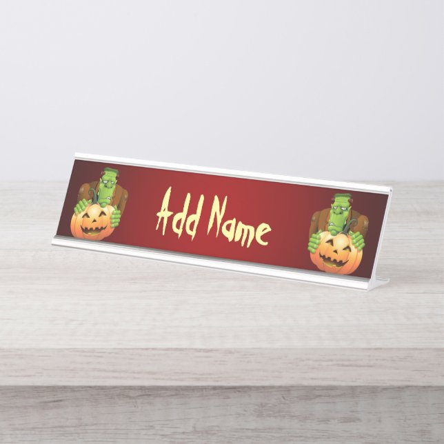 Placa De Nombre Personalizado Frankenstein con Calabaza (Anverso)