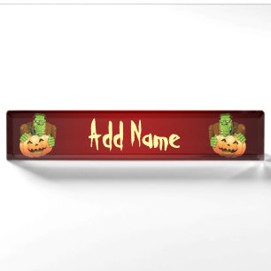 Placa De Nombre Personalizado Frankenstein con Calabaza
