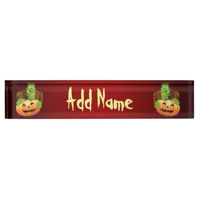 Placa De Nombre Personalizado Frankenstein con Calabaza (Anverso)