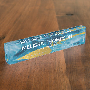 Placa De Nombre Personalizado Geode Agate Gemstone Azul y Oro