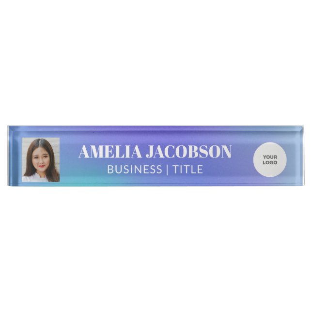 Placa De Nombre Personalizado Groovy Purple Gradient Photo Logo  (Anverso)