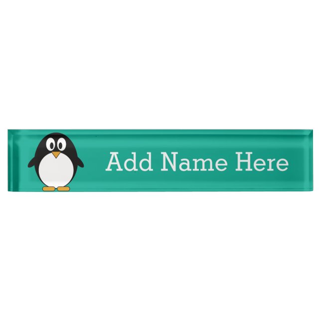 Placa De Nombre personalizado lindo pingüino esmeralda y negro (Anverso)