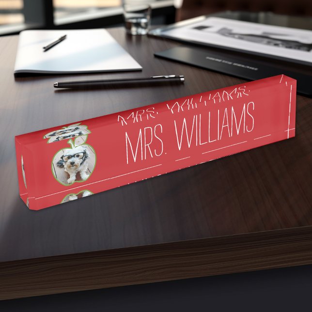 Placa De Nombre Personalizado maestro Apple con foto vertical (Personalized Teacher Name Plate)