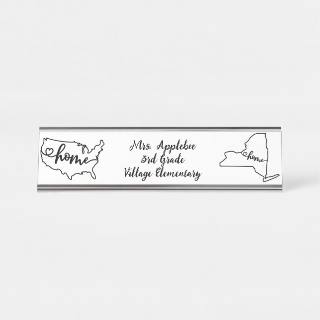Placa De Nombre Personalizado New York State US Home Line Art (Anverso)