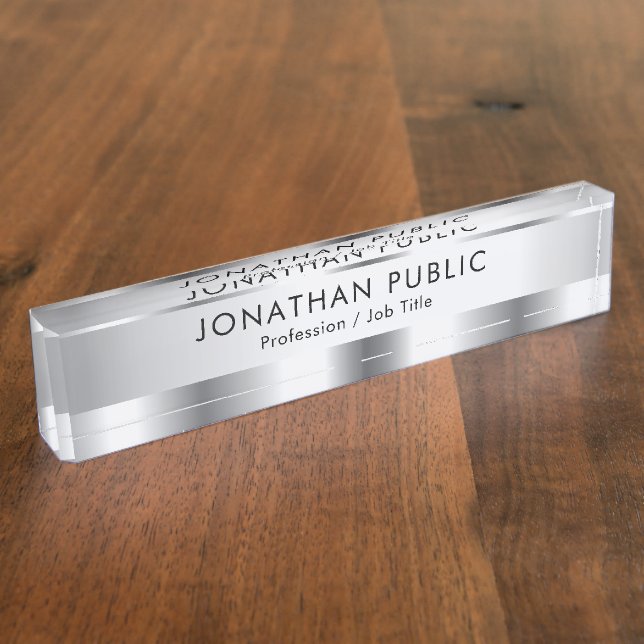 Placa De Nombre Personalizado Plata Glamoroso Elegante Moderno (Lateral)