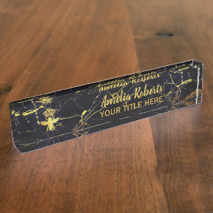 Placa De Nombre Personalizado QUEEN BEE Gold Holder de Mármol Neg