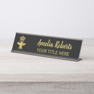 Placa De Nombre Personalizado QUEEN BEE Oro Portaplancha negra