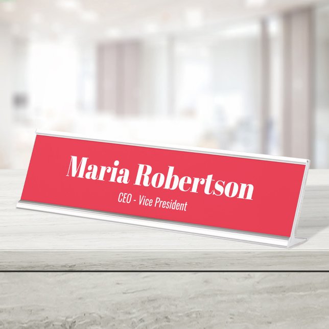 Placa De Nombre Personalizado simple blanco y rojo de negocios (Red and white simple business name plate. )