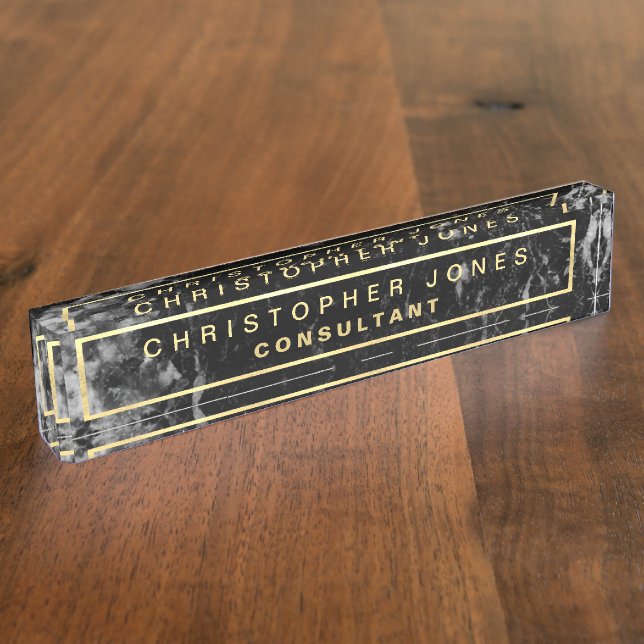 Placa De Nombre Piedra de mármol negro moderna luce título de oro (Lateral)