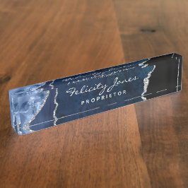 Placa De Nombre Piedra preciosa de Ágata Navy y Plata