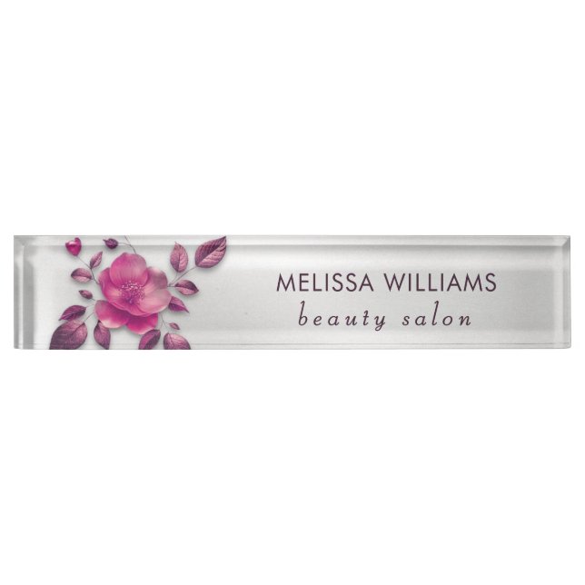 Placa De Nombre Pink Shiny Metallic Flower Silver (Anverso)