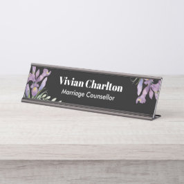 Placa De Nombre Pintado Floral Botánico de color de agua Morado Ir