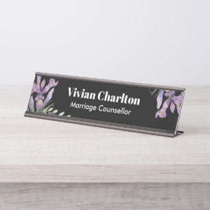 Placa De Nombre Pintado Floral Botánico de color de agua Morado Ir