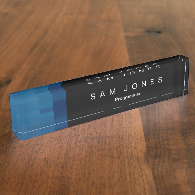 Placa De Nombre Pixel Negro Azul Moderno (Lateral)