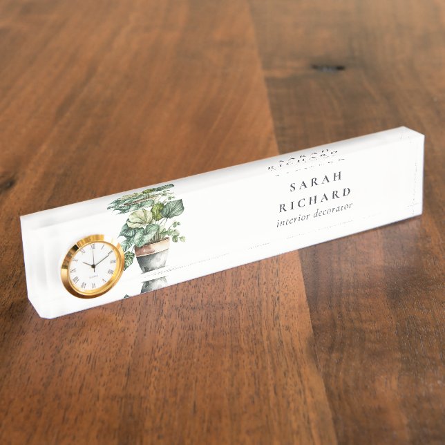 Placa De Nombre Plantas Potted Leafy House Watercolor Botánico (Lateral)