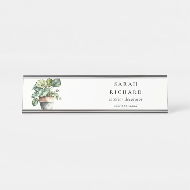 Placa De Nombre Plantas Potted Leafy House Watercolor Botánico (Anverso)