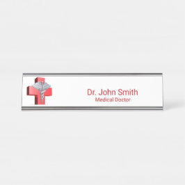 Placa De Nombre Plata 3D Caduceus Cruz Médica Roja