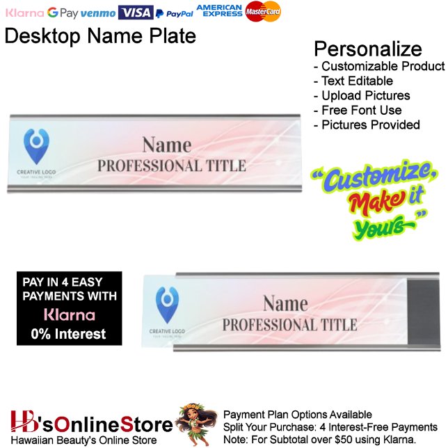 Placa de nombre plateado de personalizable con log (Customizable Silver Name Plate with Logo & Slogan 8.)