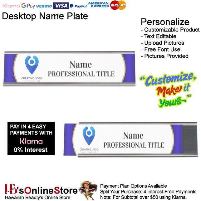 Placa de nombre plateado para escritorio con logot (Desktop Silver Name Plate with Logo & Slogan 10.)