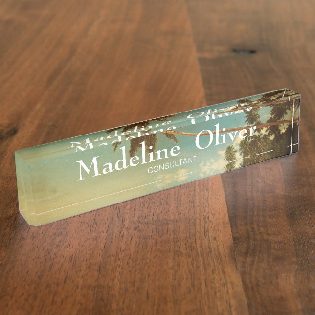 Placa De Nombre Playa Tropical Viaje Palm Tree Moderna (Lateral)