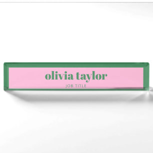 Placa De Nombre Preppy Rosa Verde Nombre Moderno Espacio de Trabaj
